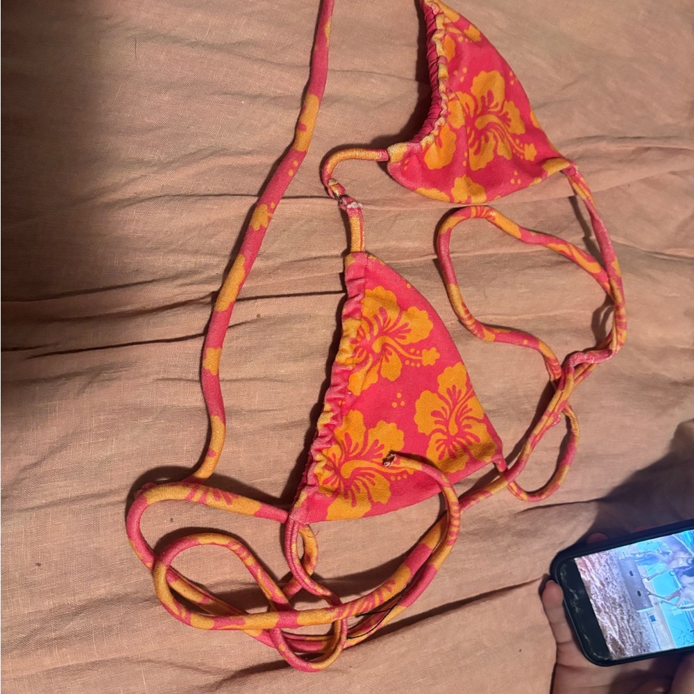 Frankie's Bikinis Pink and Yellow Floral Triangle Bikini Top